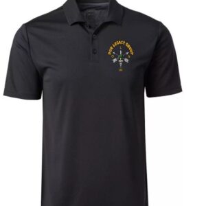 A black polo shirt with an image of a cross on it.