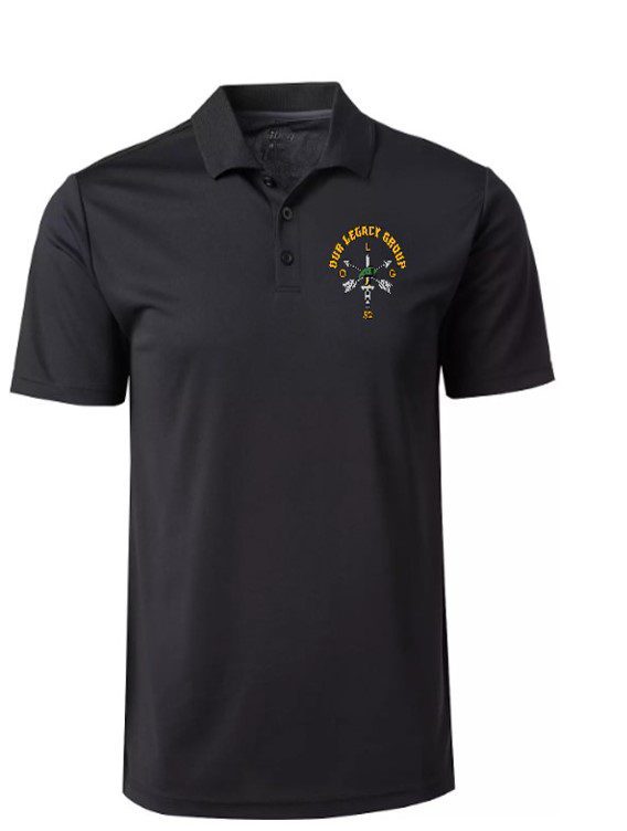 A black polo shirt with an image of a cross on it.