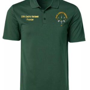 A green polo shirt with the name of the school.