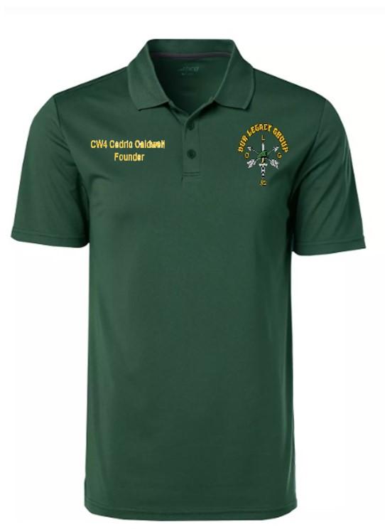 A green polo shirt with the name of the school.
